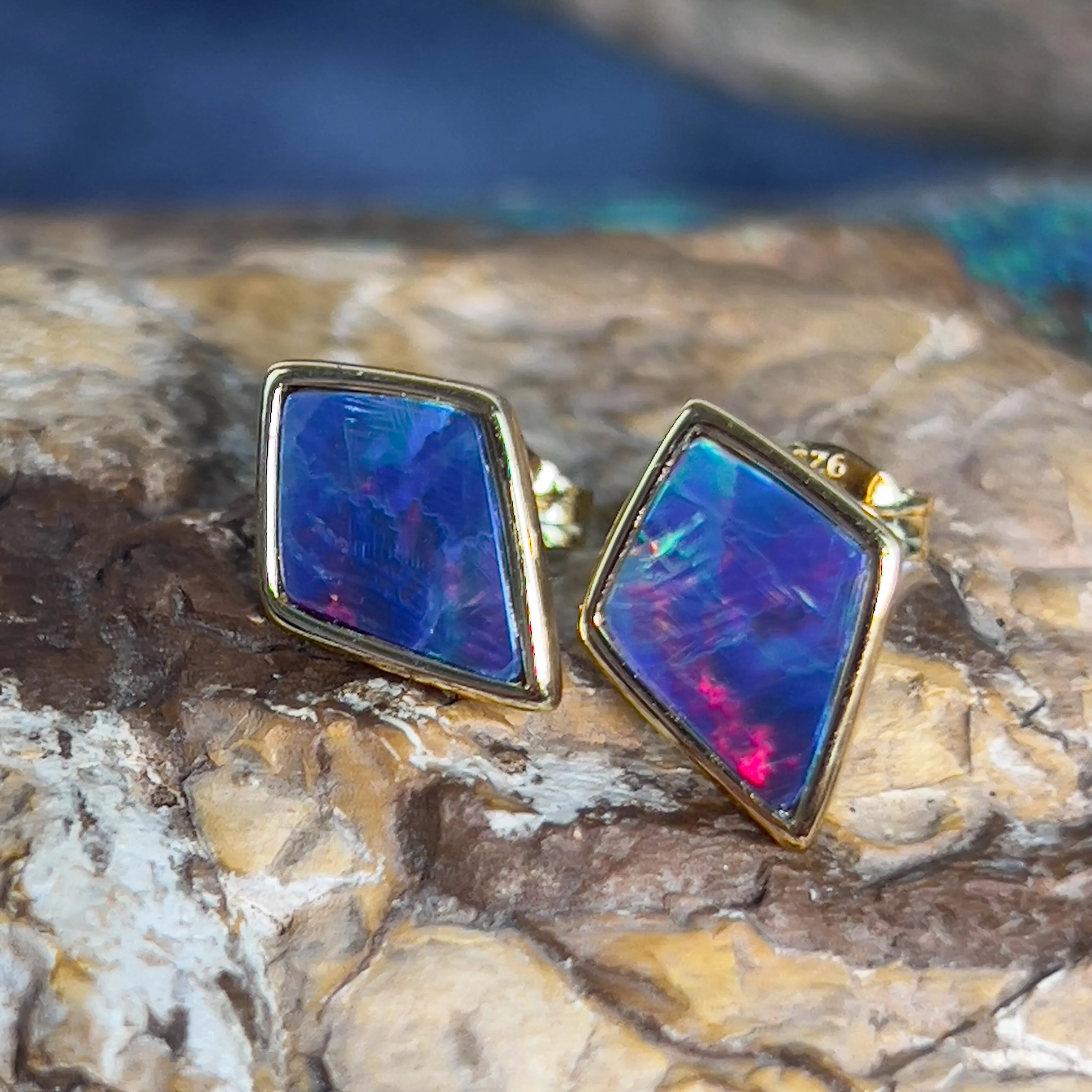 Gold plated silver diamond shape Opal doublet earring studs