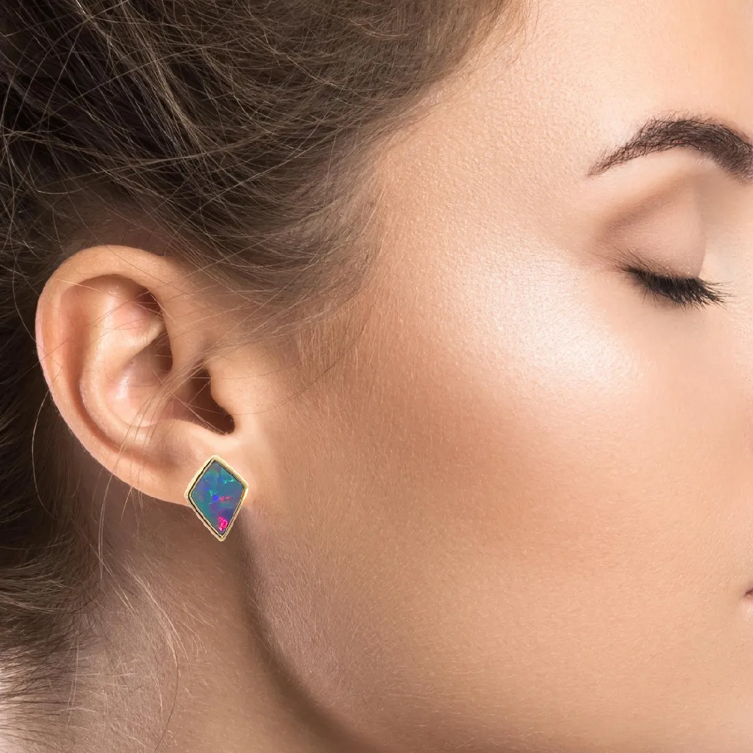 Gold plated silver diamond shape Opal doublet earring studs