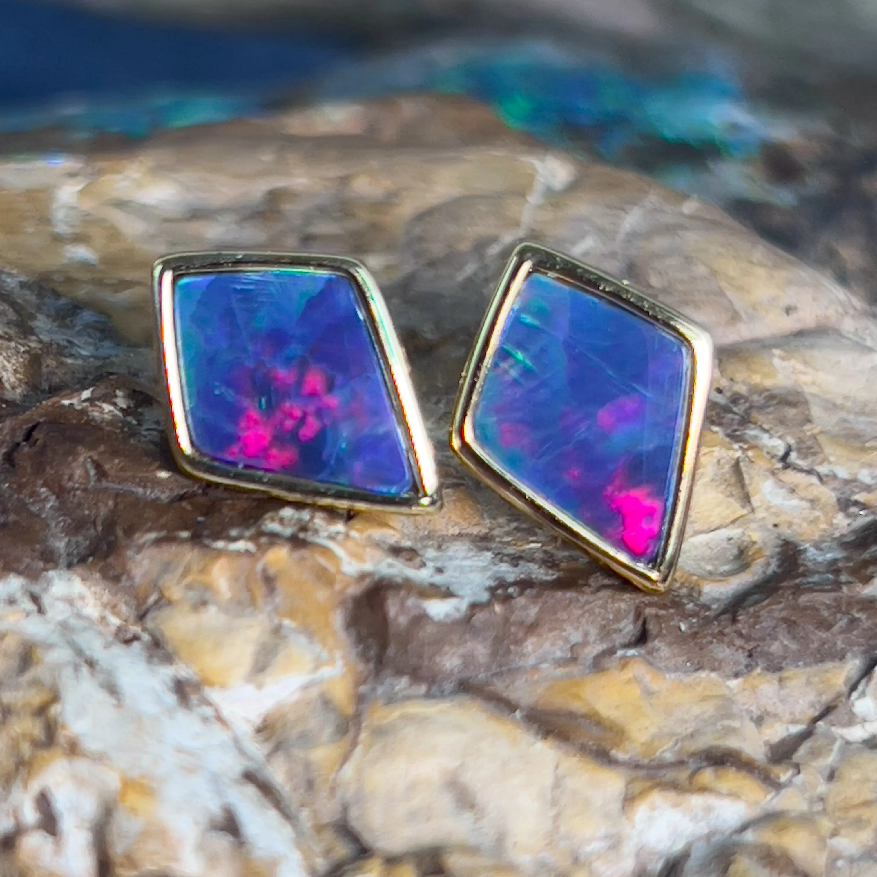 Gold plated silver diamond shape Opal doublet earring studs