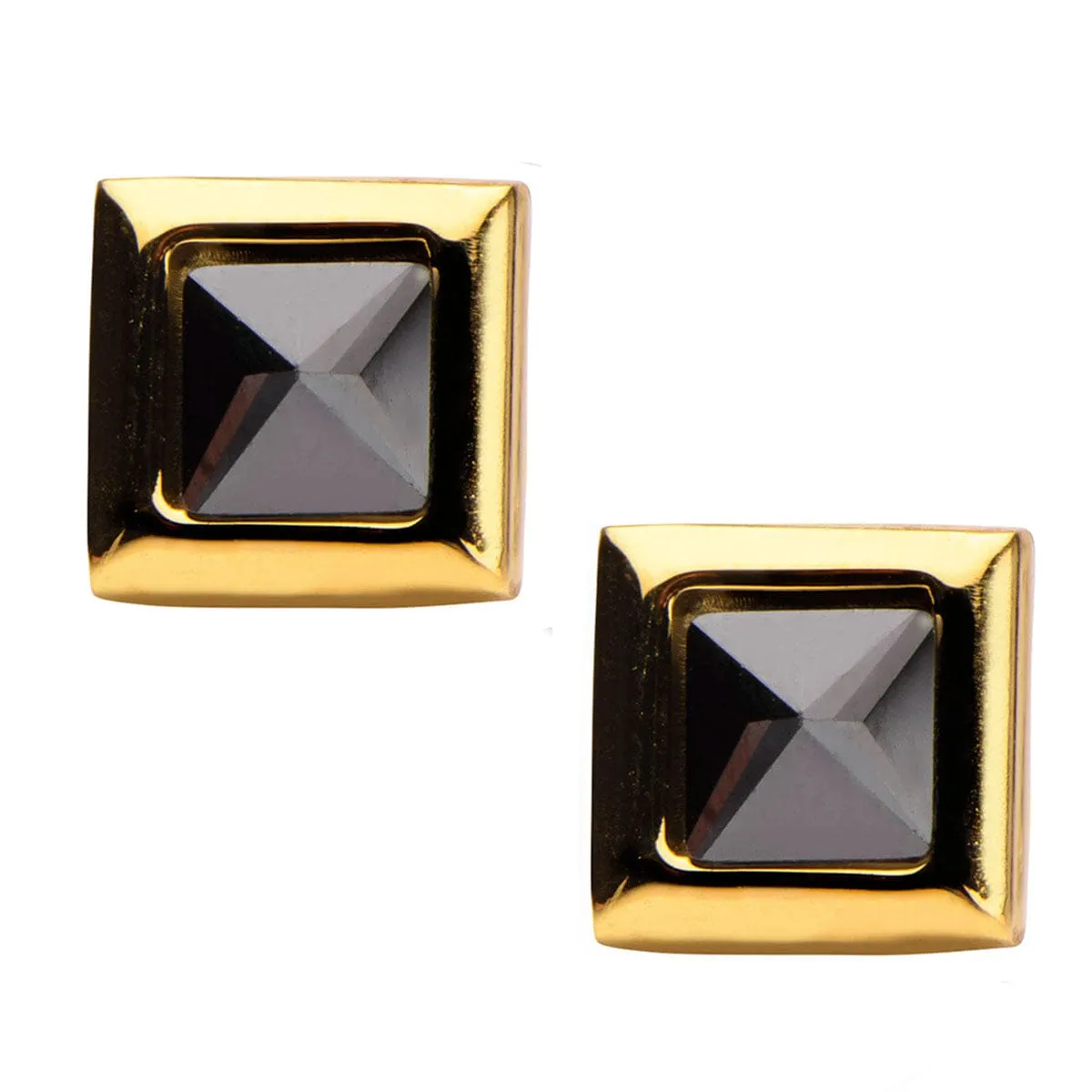 Gold Stainless Steel Black Pyramid Crystal Square Studs