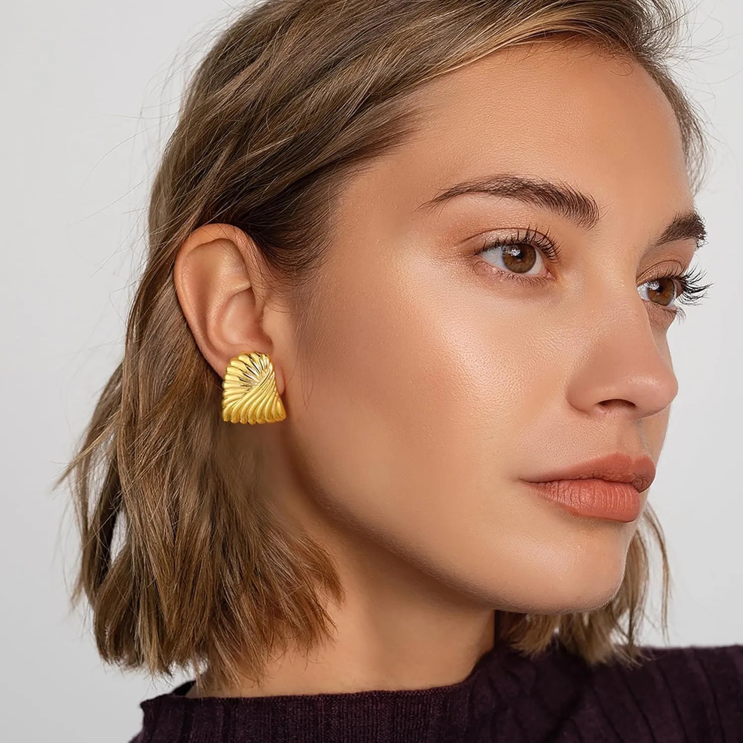 Gold Statement Earrings for Women Trendy Chunky Gold Earrings Geometric Earrings Wings Feather Textured Earrings Square Shell Textured Stud Earrings Fashion Jewelry