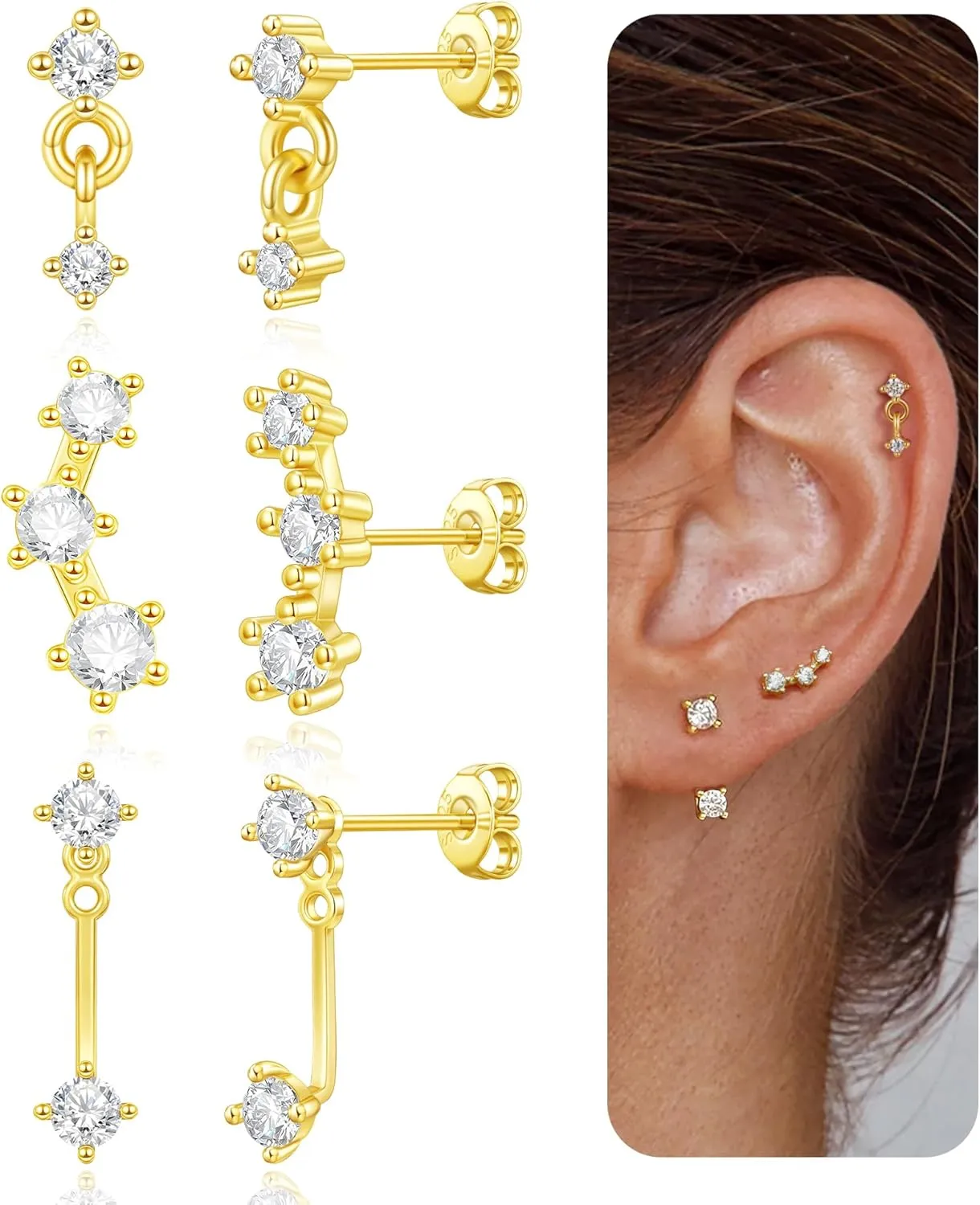 Gold Stud Earrings for Women,Hypoallergenic Surgical Stainless Steel Earring for Cartilage Tragus Helix,3 Pairs Small Tiny Cubic Zirconia Jacket Studs Earring Stack for Multiple Piercing