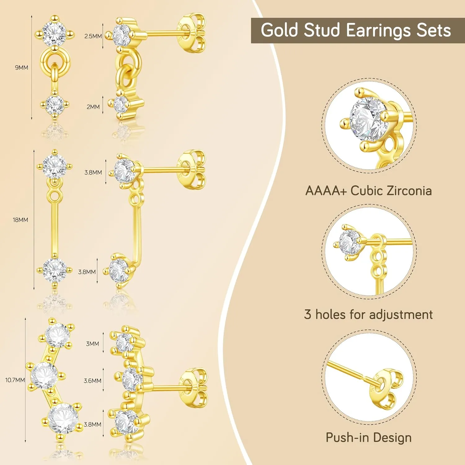 Gold Stud Earrings for Women,Hypoallergenic Surgical Stainless Steel Earring for Cartilage Tragus Helix,3 Pairs Small Tiny Cubic Zirconia Jacket Studs Earring Stack for Multiple Piercing