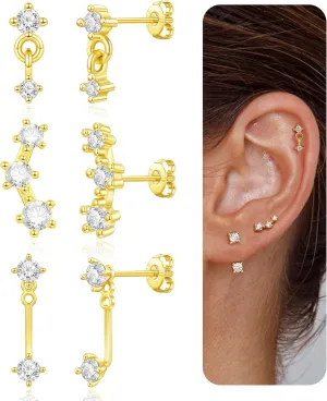 Gold Stud Earrings for Women,Hypoallergenic Surgical Stainless Steel Earring for Cartilage Tragus Helix,3 Pairs Small Tiny Cubic Zirconia Jacket Studs Earring Stack for Multiple Piercing