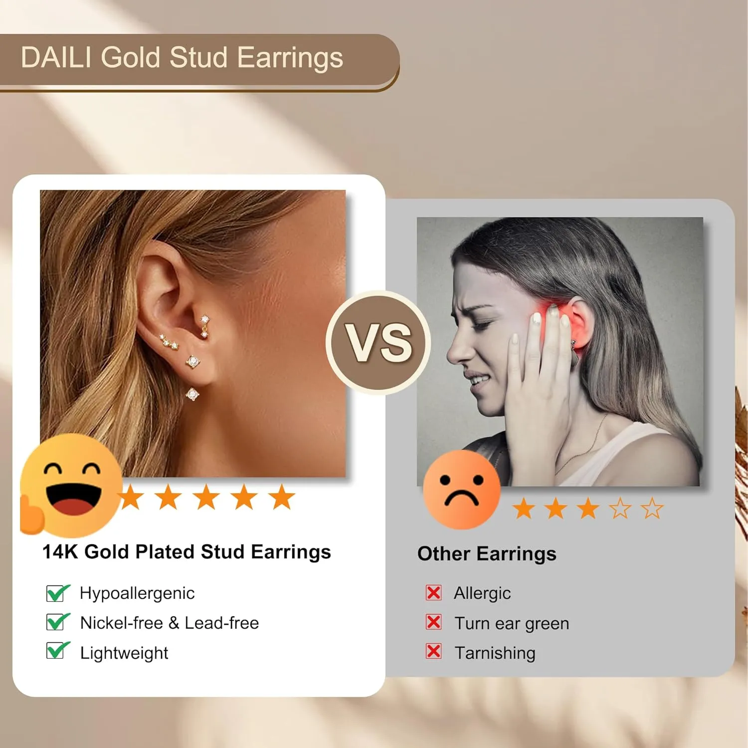 Gold Stud Earrings for Women,Hypoallergenic Surgical Stainless Steel Earring for Cartilage Tragus Helix,3 Pairs Small Tiny Cubic Zirconia Jacket Studs Earring Stack for Multiple Piercing