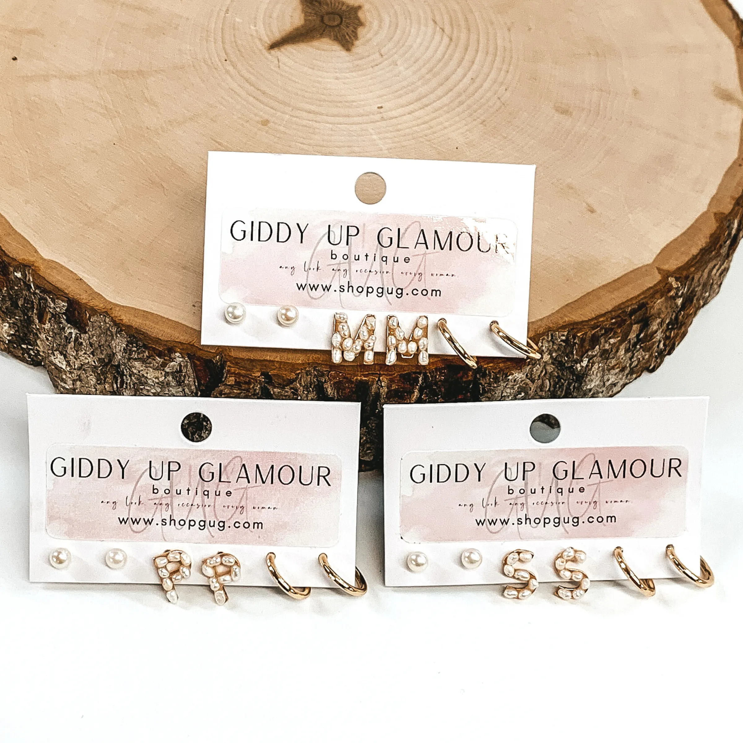 Gold Tone Pearl Initial Earring Set