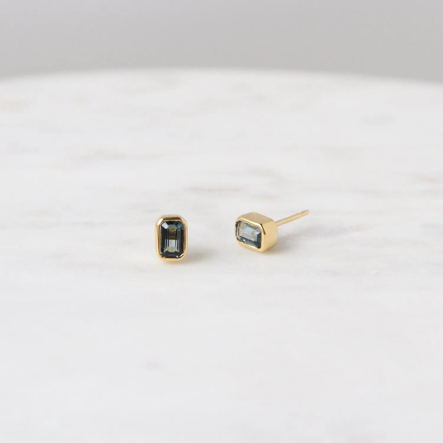 Gold Vermeil Bezel Set Emerald Cut London Blue Topaz Earrings