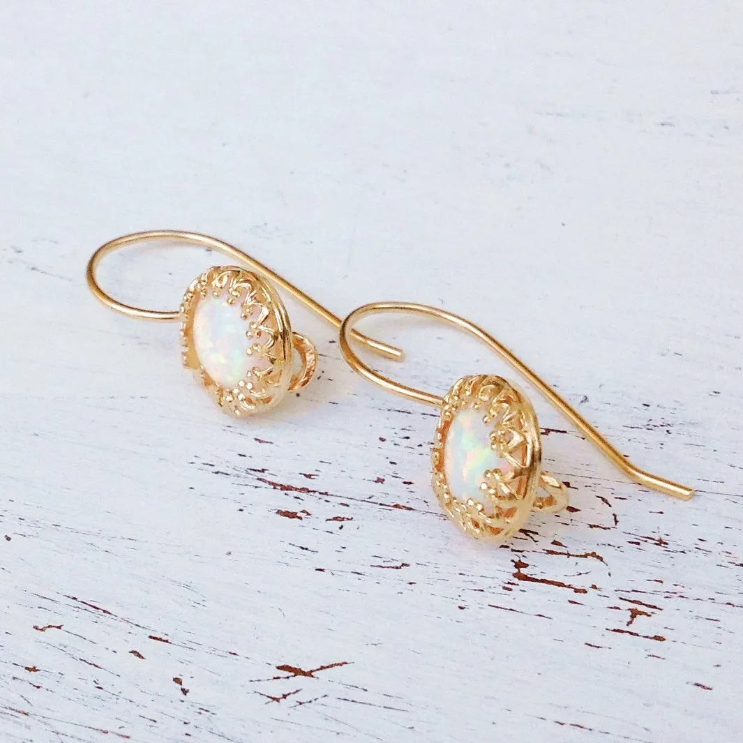 Gold White Opal Dangle Earrings