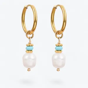Golden Grace Pearl & Turquoise Agate Hoop Earrings