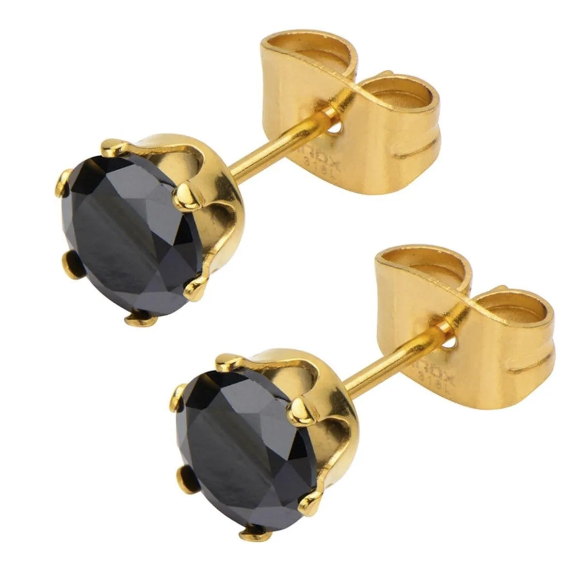 Golden Tone Stainless Steel Six Prong Black CZ Solitaire Studs