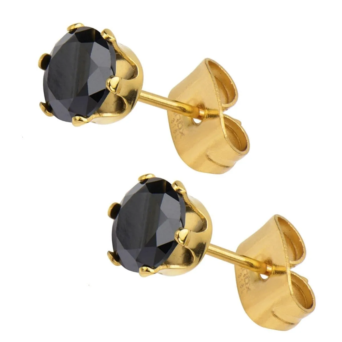 Golden Tone Stainless Steel Six Prong Black CZ Solitaire Studs