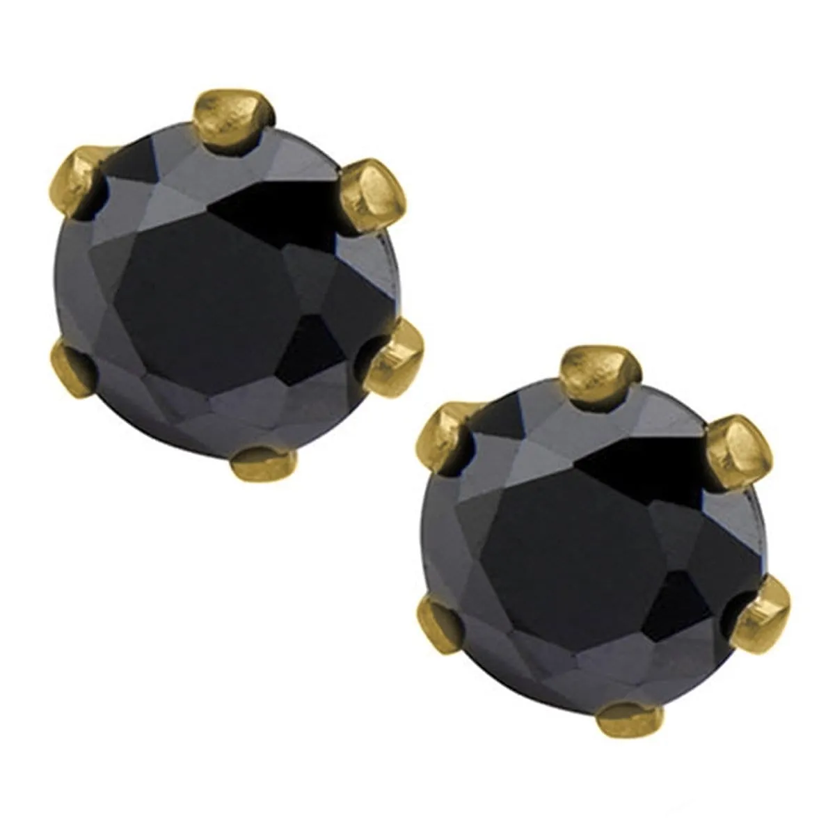 Golden Tone Stainless Steel Six Prong Black CZ Solitaire Studs