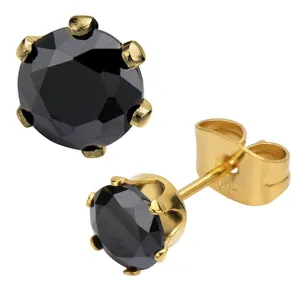 Golden Tone Stainless Steel Six Prong Black CZ Solitaire Studs