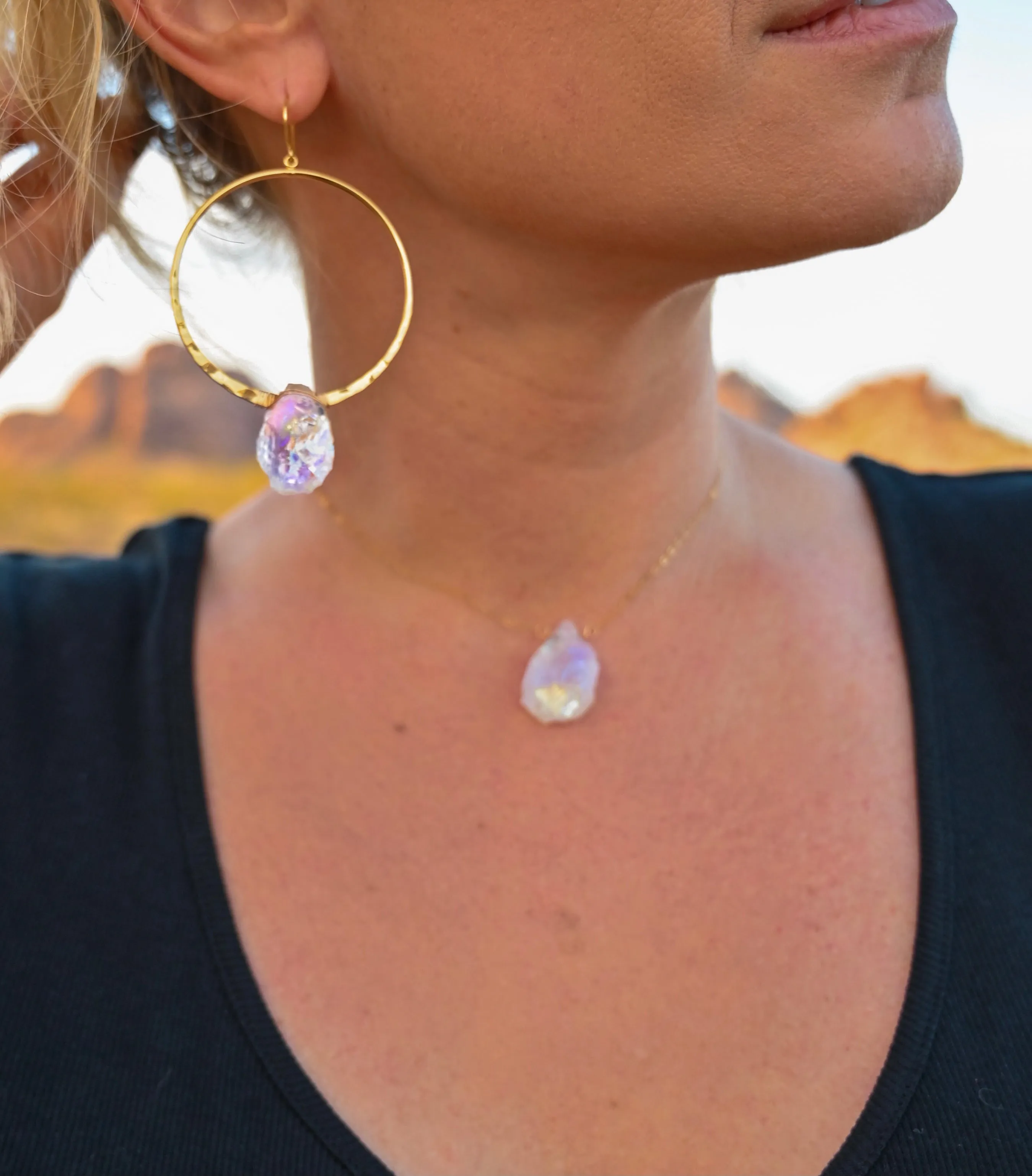 Good Vibes Angel Aura Quartz Gold Hoops & Necklace Set