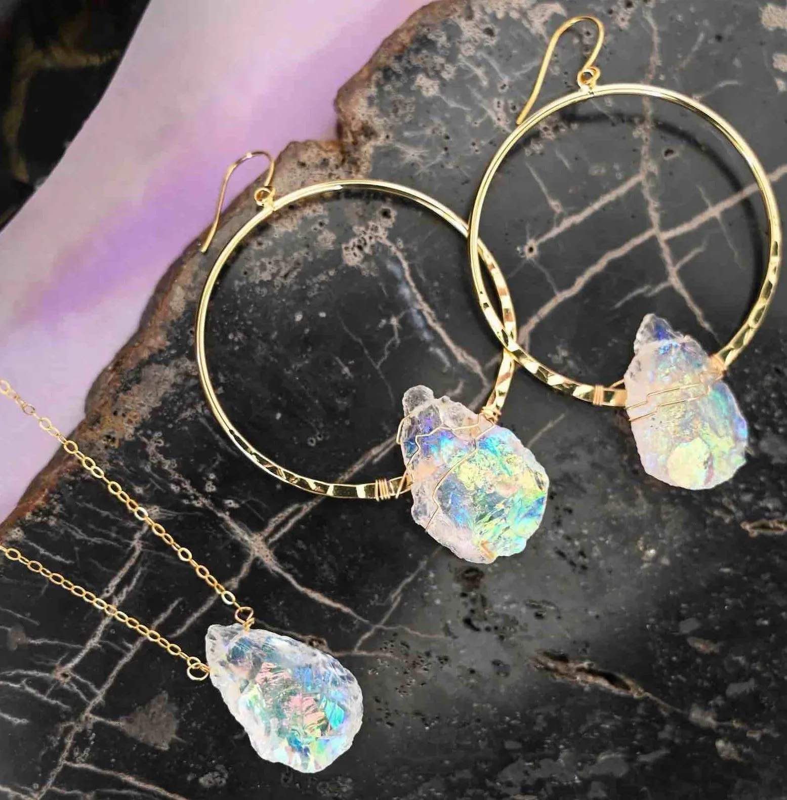 Good Vibes Angel Aura Quartz Gold Hoops & Necklace Set