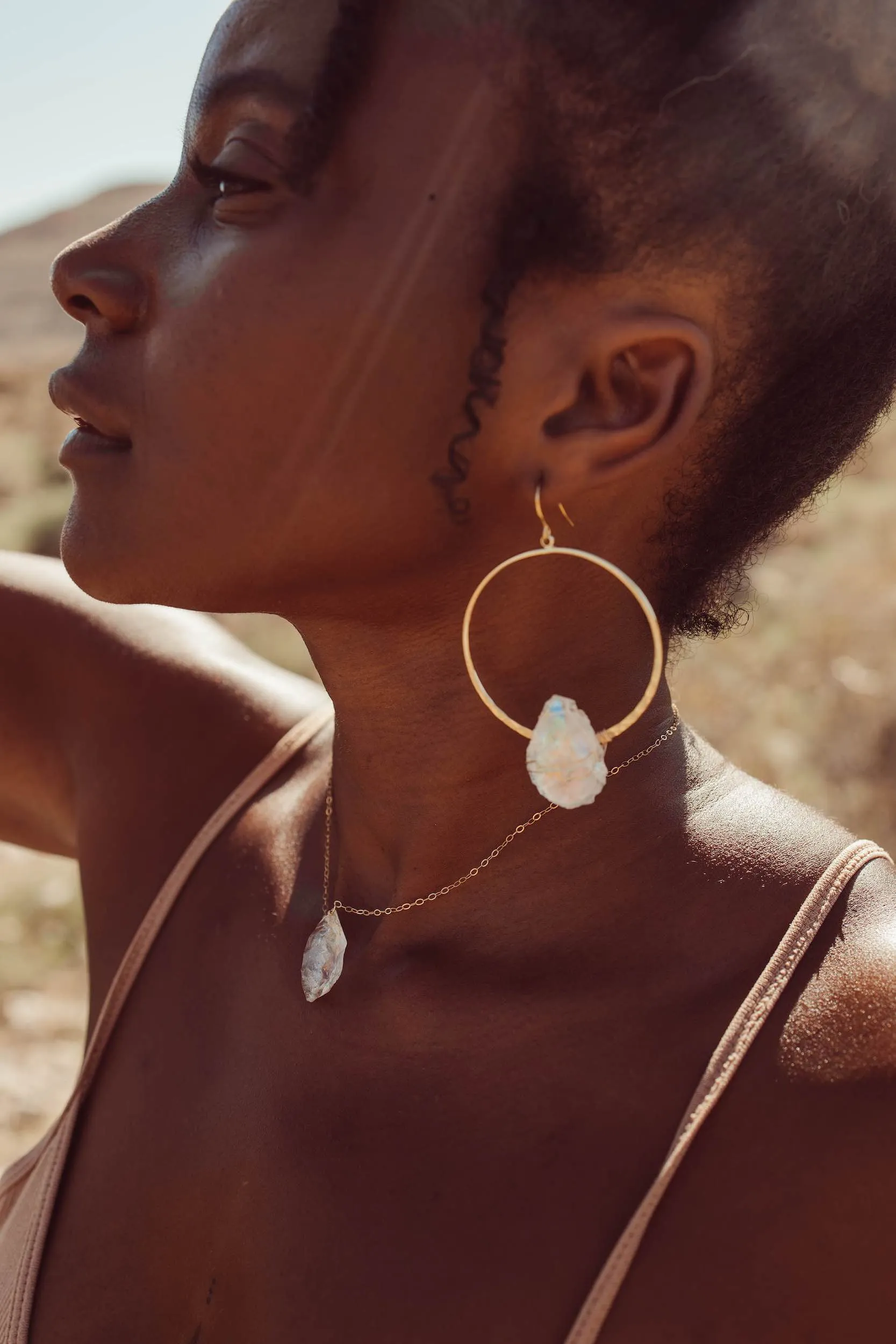 Good Vibes Angel Aura Quartz Gold Hoops & Necklace Set