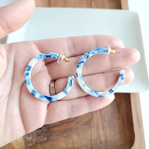 Greek Goddess Acrylic Blue Hoop Earrings