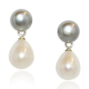 Grey & White Freshwater Pearl Mini Silver Drop Earrings