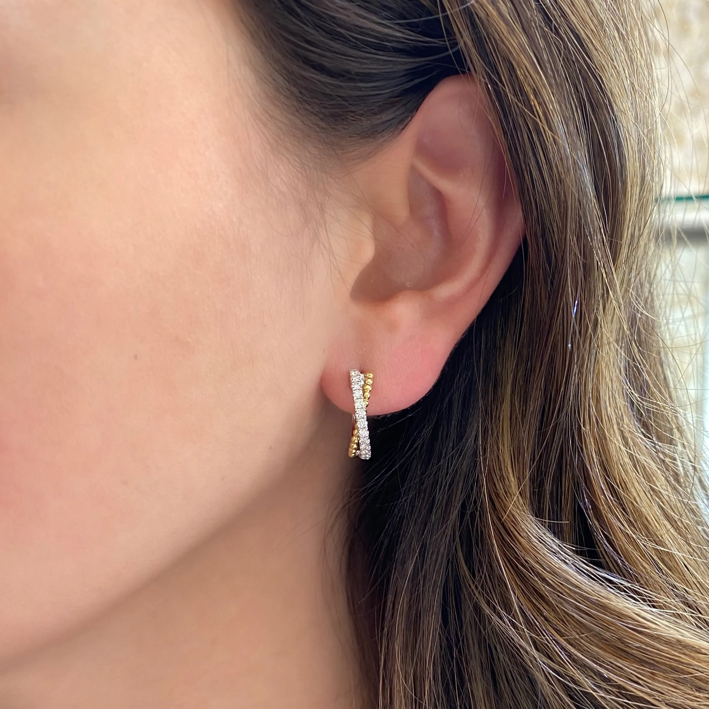 Half Diamond Half Beaded Gold Huggie Twist Earrings