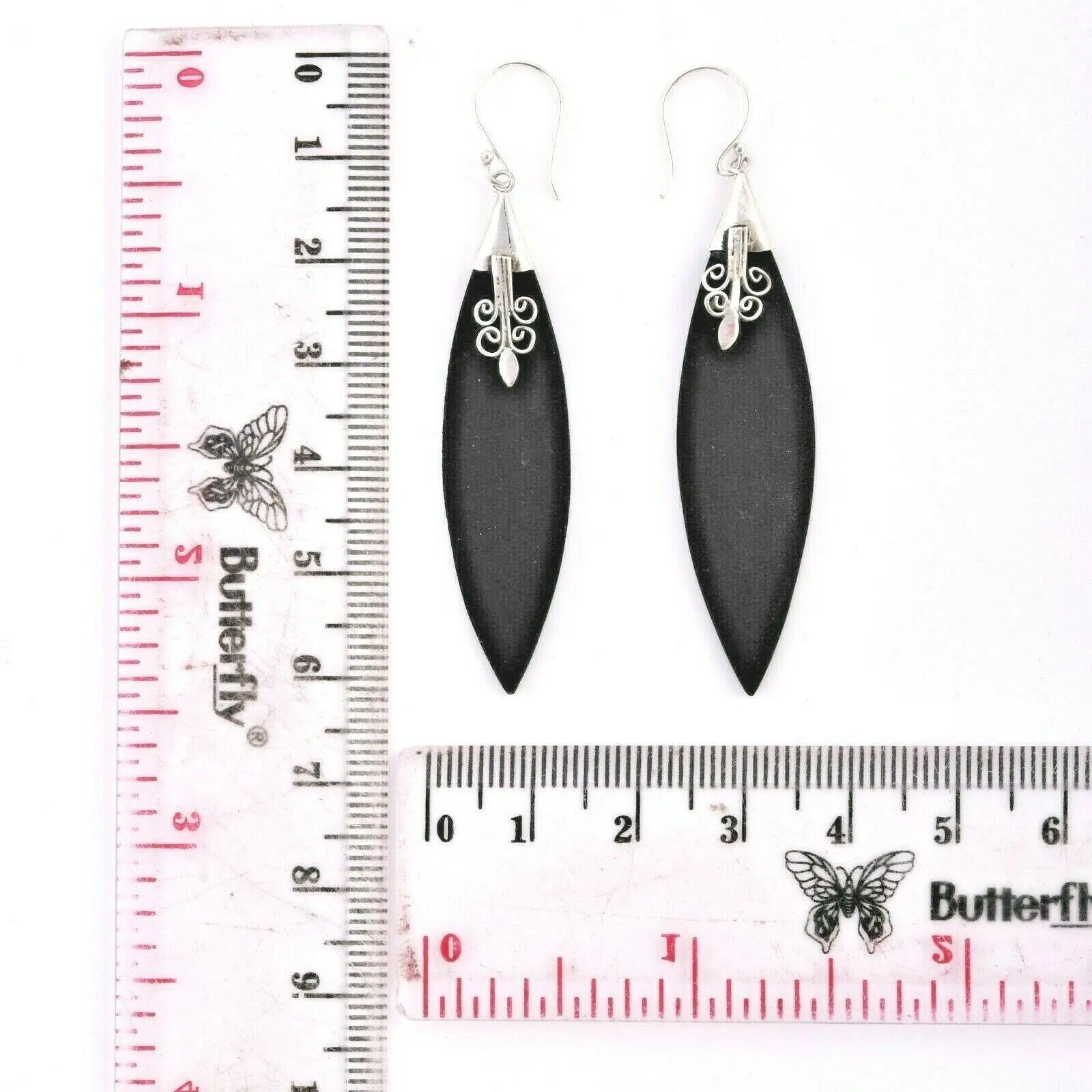 Hamdmade LONG Marquise BLACK resin dangle Earrings in 925 Sterling Silver - 6 cm