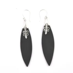 Hamdmade LONG Marquise BLACK resin dangle Earrings in 925 Sterling Silver - 6 cm