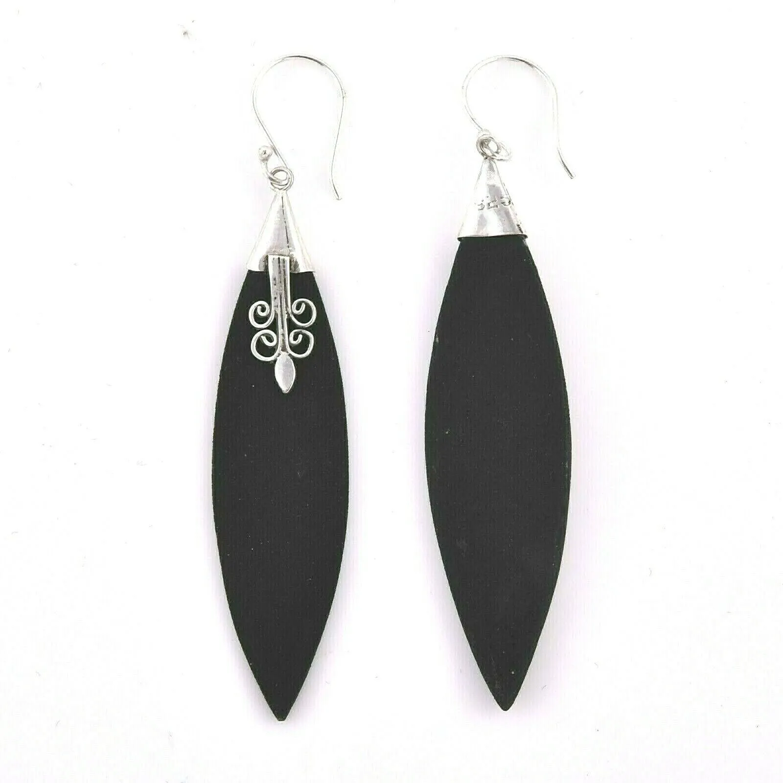 Hamdmade LONG Marquise BLACK resin dangle Earrings in 925 Sterling Silver - 6 cm