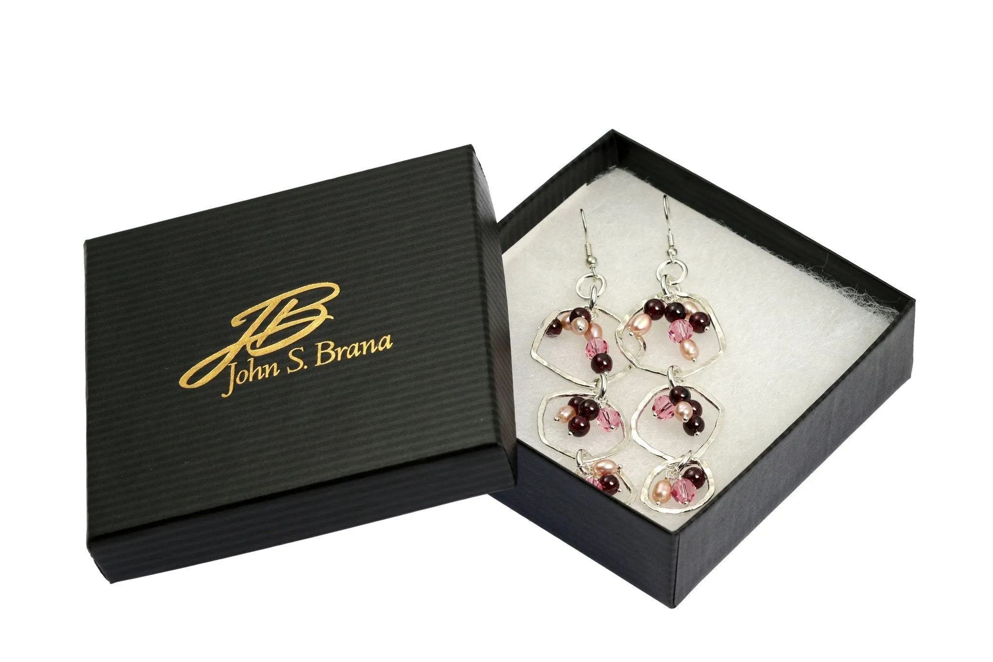 Hammered Fine Silver Earrings with Garnets - Freshwater Pearls
