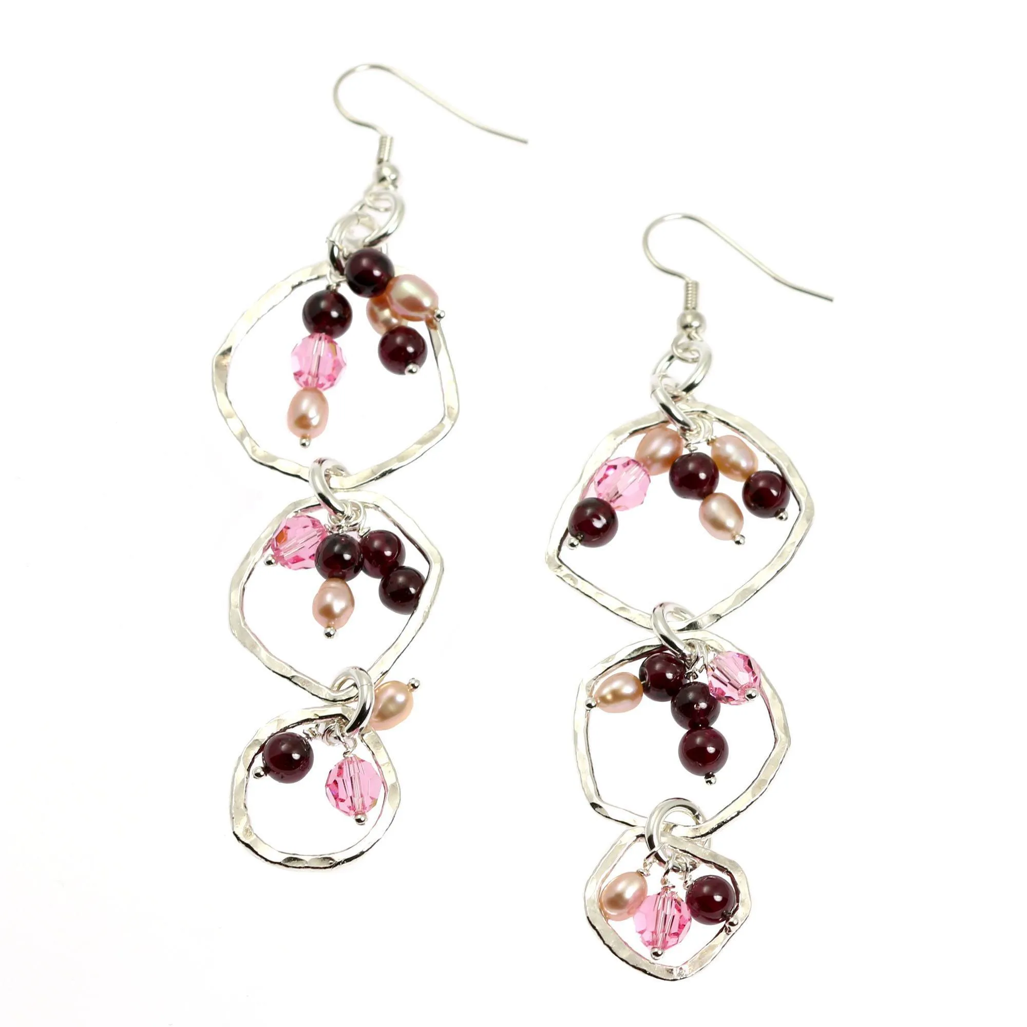 Hammered Fine Silver Earrings with Garnets - Freshwater Pearls