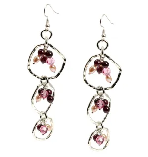 Hammered Fine Silver Earrings with Garnets - Freshwater Pearls