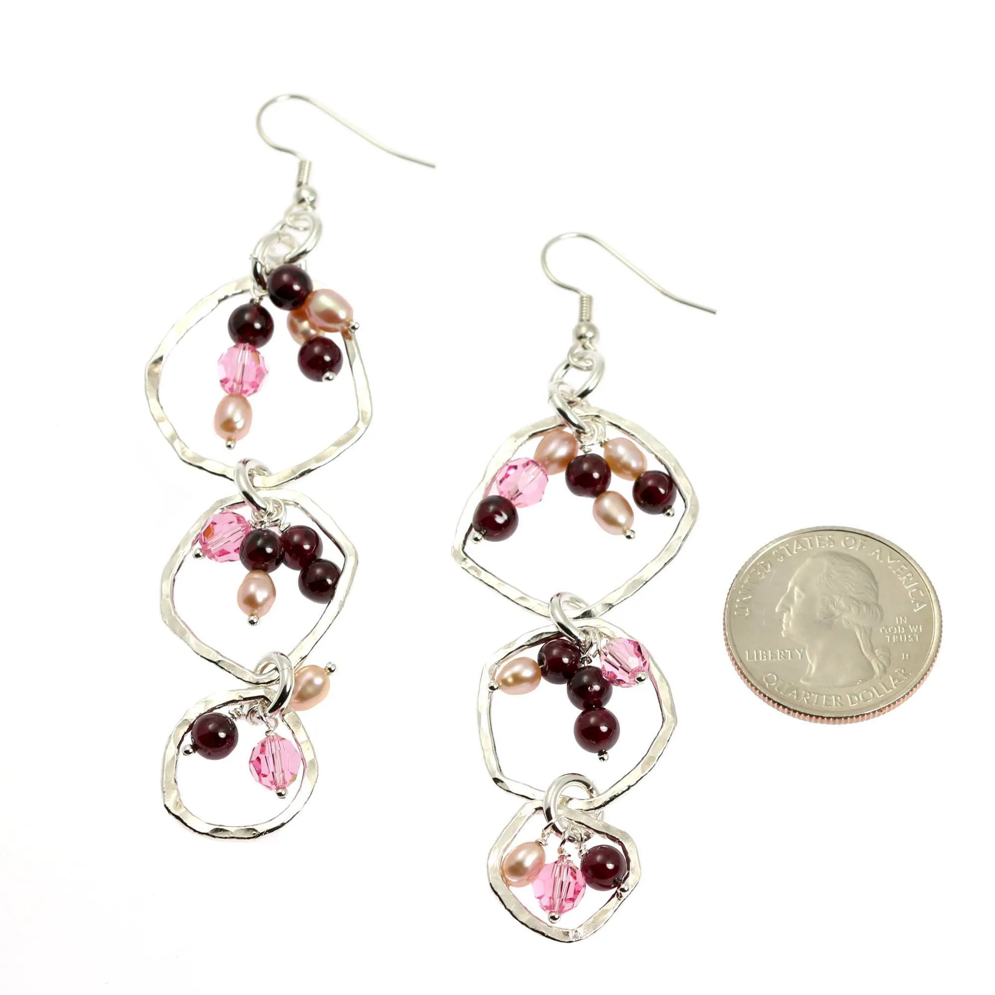 Hammered Fine Silver Earrings with Garnets - Freshwater Pearls