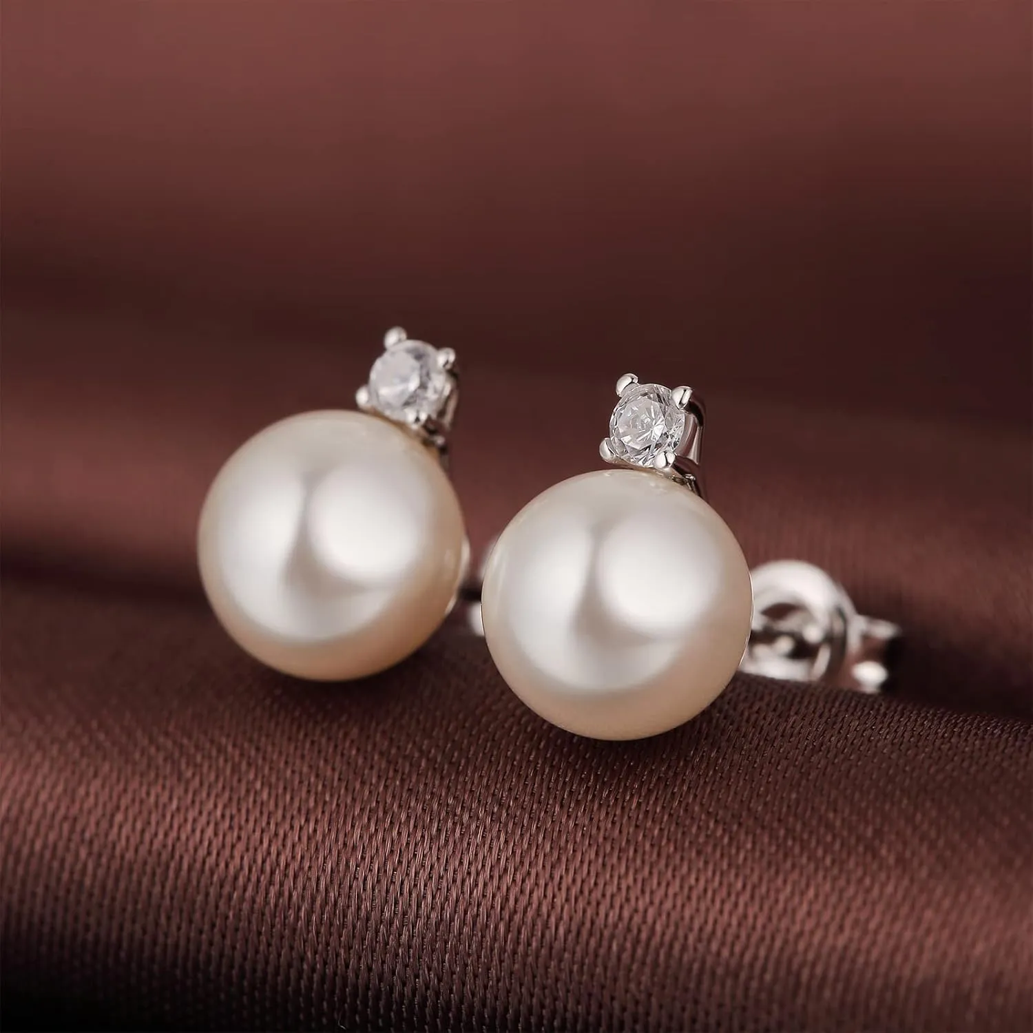 Han han 18K White Gold Plated Pearl Diamond Stud Earrings for Women 925 Sterling Silver Pearl Earrings, Fine Jewelry Gift for Women 8MM-13MM