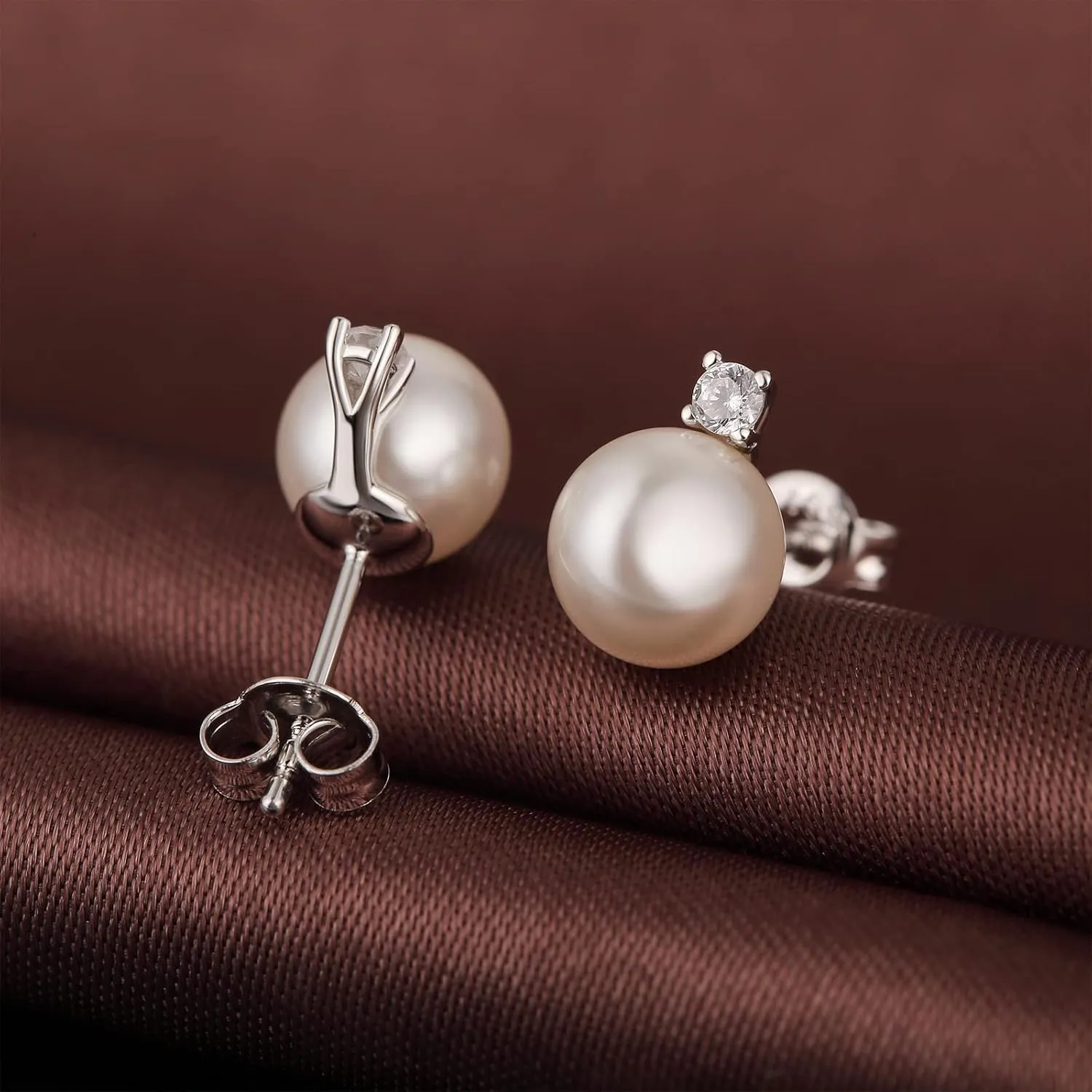 Han han 18K White Gold Plated Pearl Diamond Stud Earrings for Women 925 Sterling Silver Pearl Earrings, Fine Jewelry Gift for Women 8MM-13MM