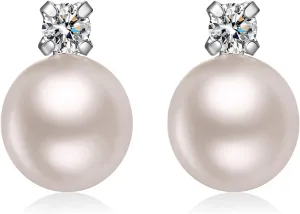 Han han 18K White Gold Plated Pearl Diamond Stud Earrings for Women 925 Sterling Silver Pearl Earrings, Fine Jewelry Gift for Women 8MM-13MM