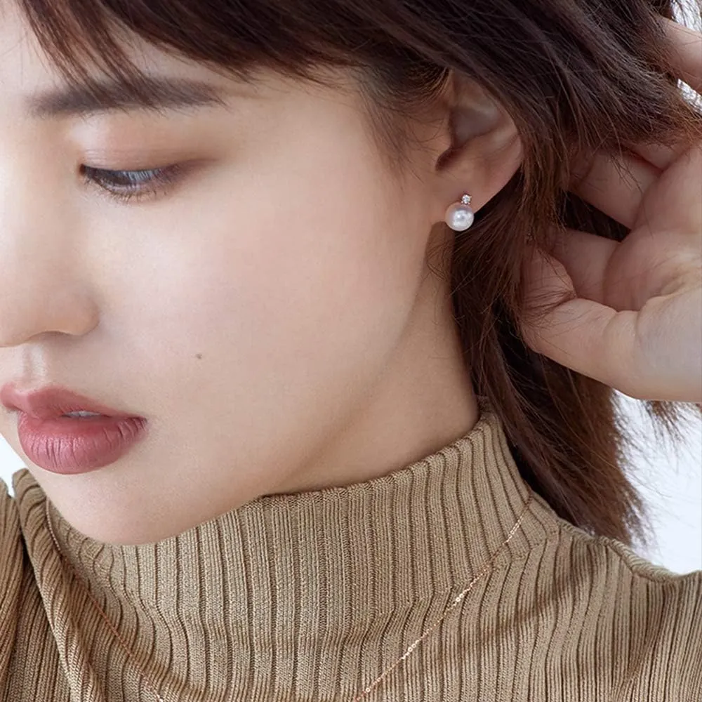 Han han 18K White Gold Plated Pearl Diamond Stud Earrings for Women 925 Sterling Silver Pearl Earrings, Fine Jewelry Gift for Women 8MM-13MM