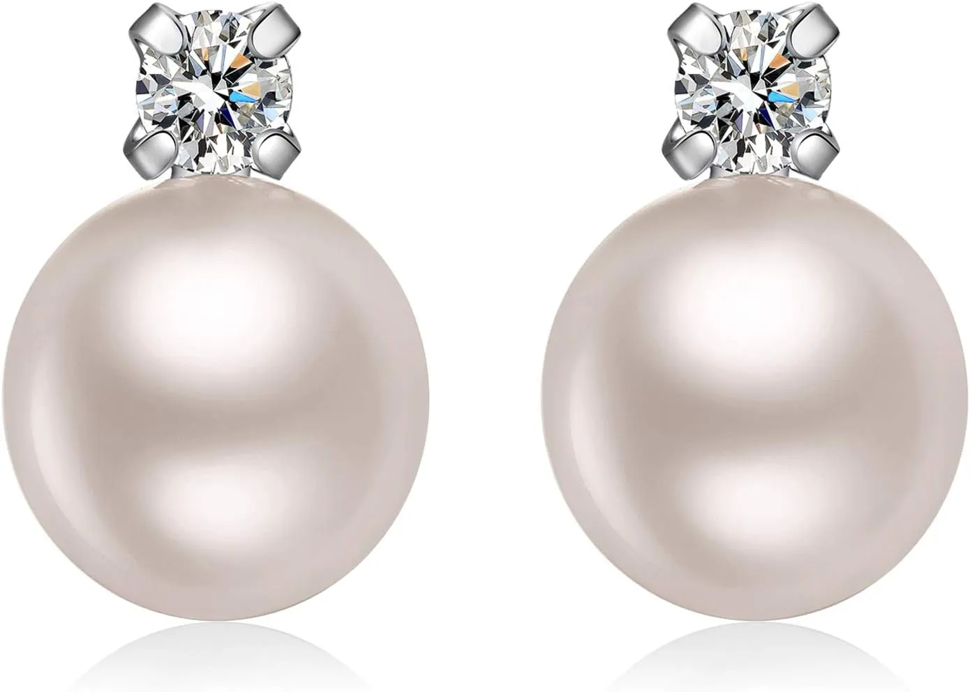 Han han 18K White Gold Plated Pearl Diamond Stud Earrings for Women 925 Sterling Silver Pearl Earrings, Fine Jewelry Gift for Women 8MM-13MM