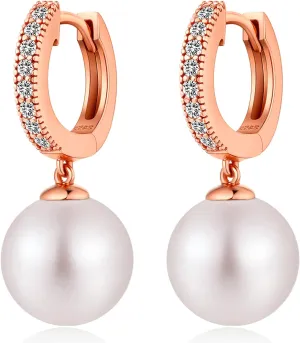 Han han 18K White Gold Plated Pearl Hoop Earrings for Women, 925 Sterling Silver 10MM Pearl Jewelry Gift for Women, White/Black/Yellow Gold/Rose Gold Available