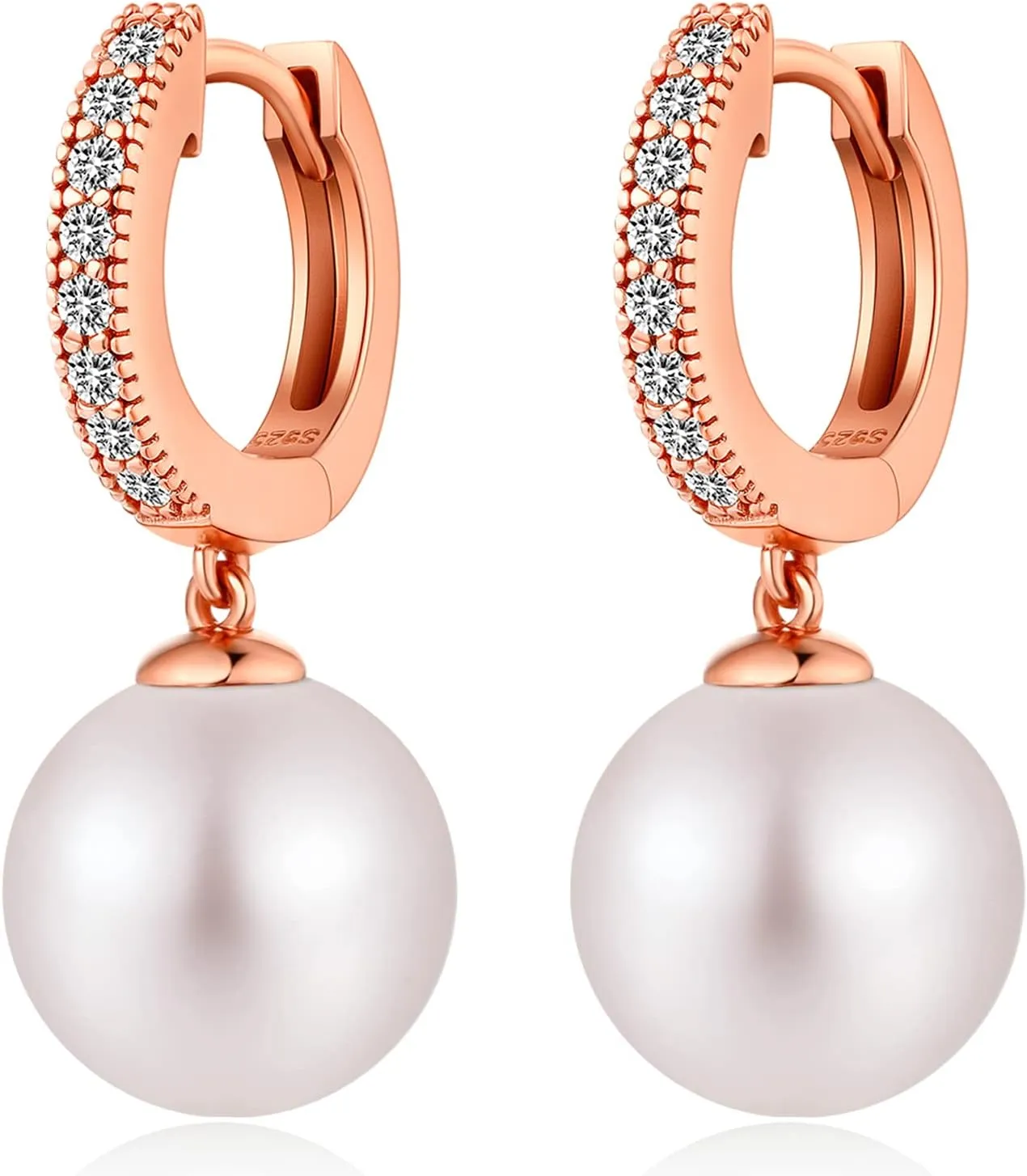 Han han 18K White Gold Plated Pearl Hoop Earrings for Women, 925 Sterling Silver 10MM Pearl Jewelry Gift for Women, White/Black/Yellow Gold/Rose Gold Available