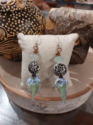 Hand Blown Glass Dangly Earrings - Green* #TT40