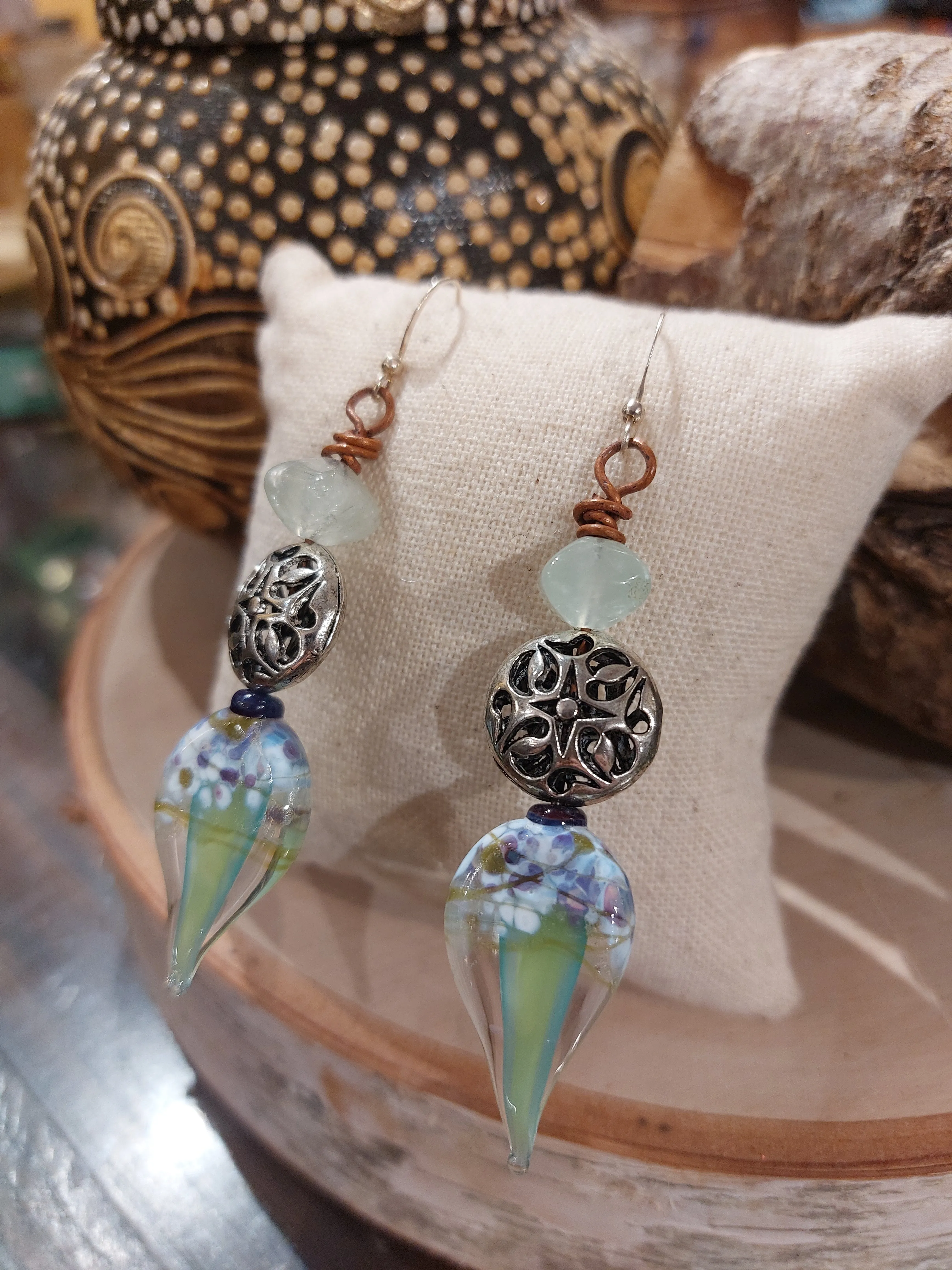 Hand Blown Glass Dangly Earrings - Green* #TT40