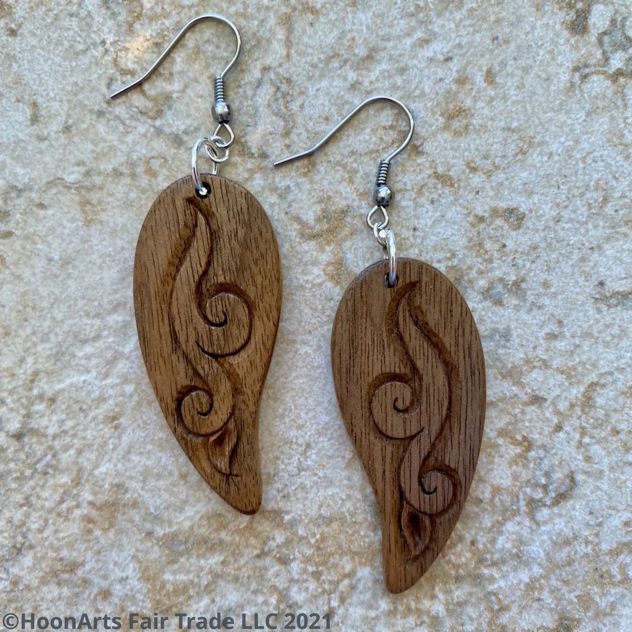 Hand Carved Earrings -Leaf with Swirl