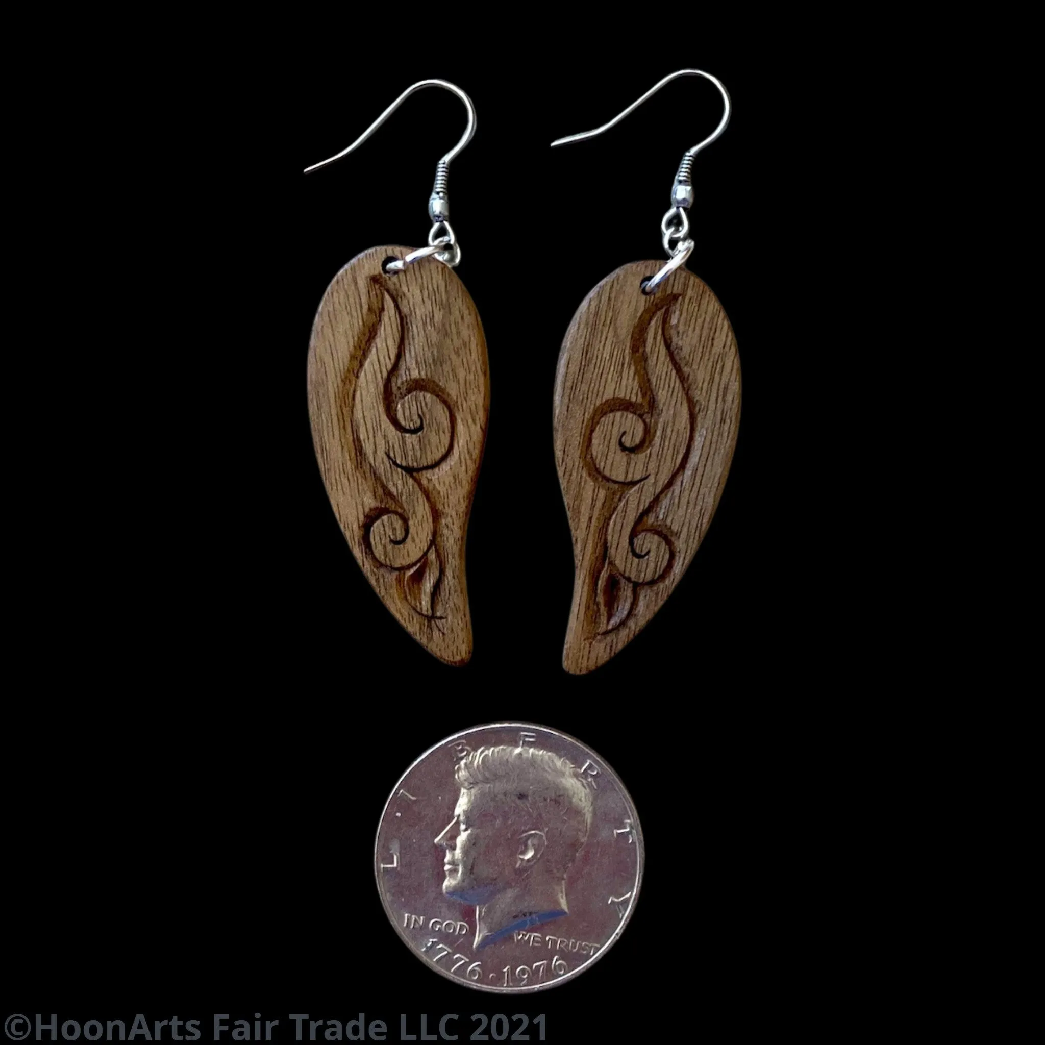 Hand Carved Earrings -Leaf with Swirl