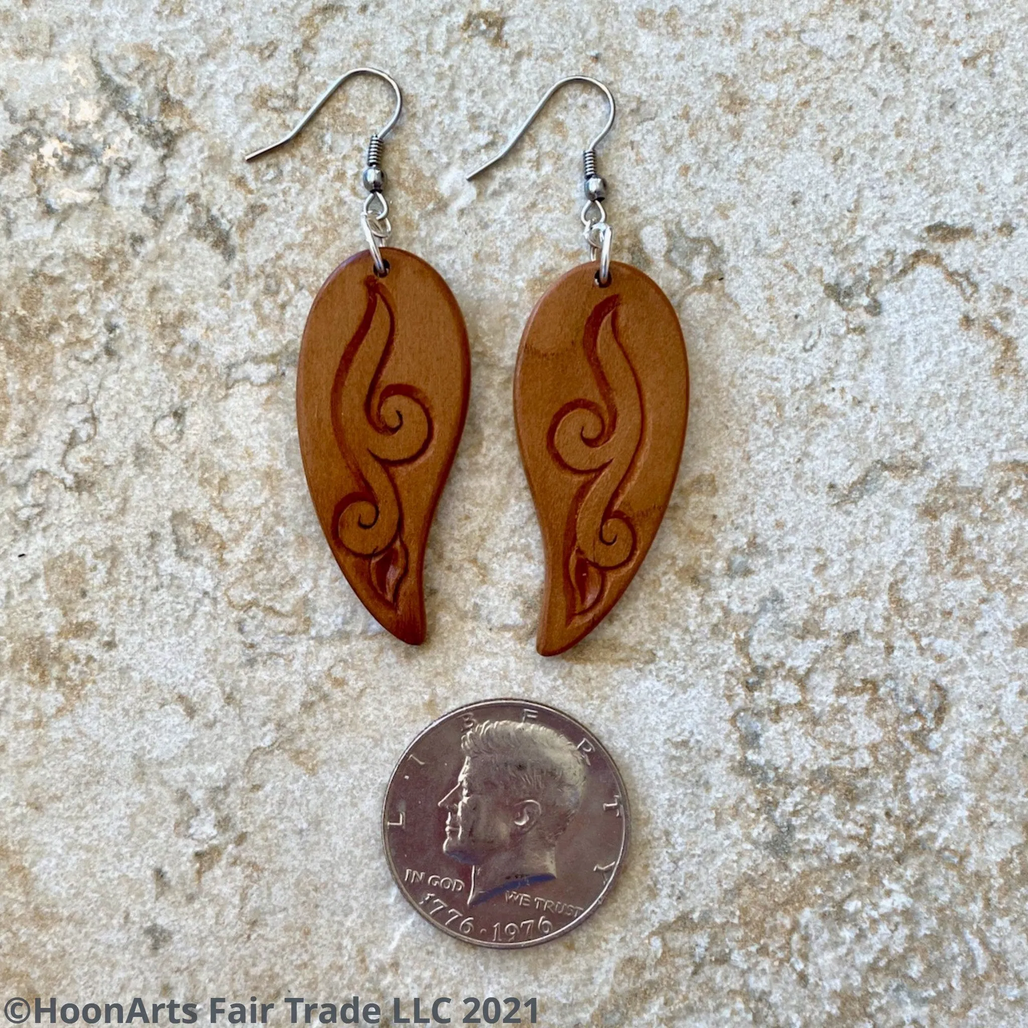 Hand Carved Earrings -Leaf with Swirl