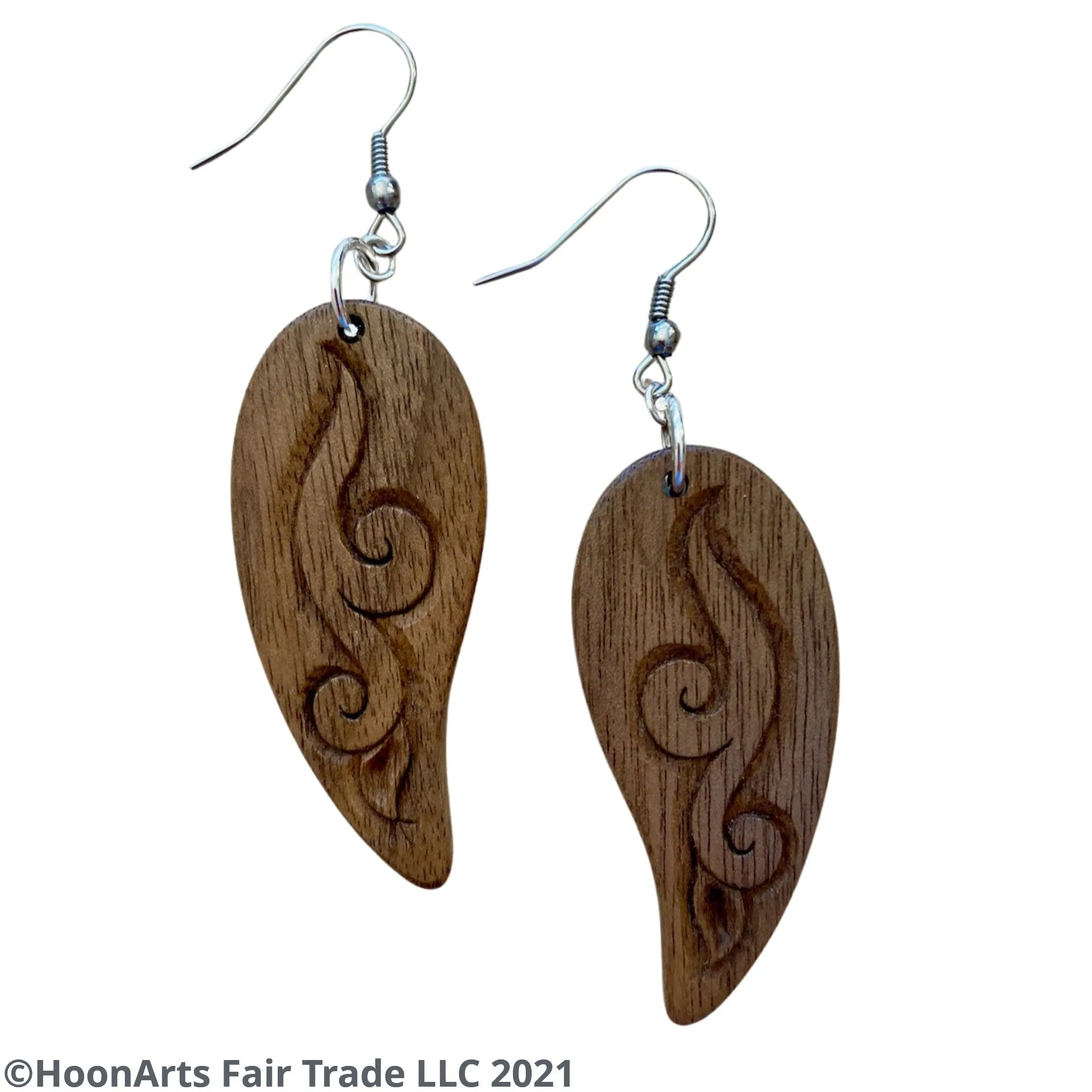 Hand Carved Earrings -Leaf with Swirl