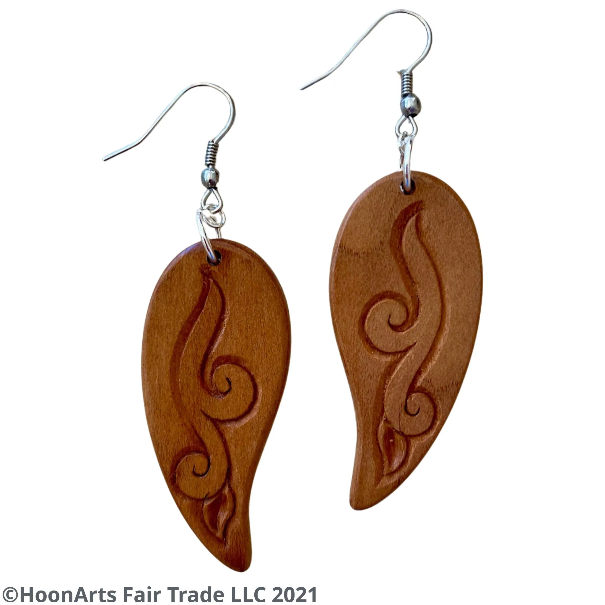 Hand Carved Earrings -Leaf with Swirl
