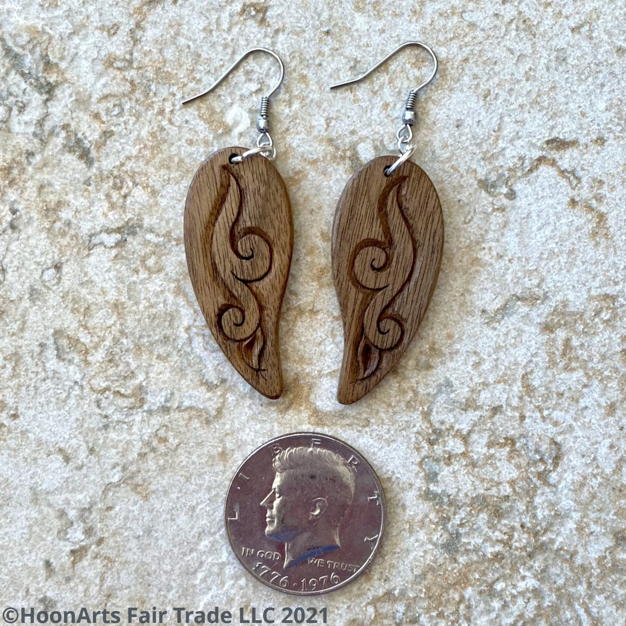 Hand Carved Earrings -Leaf with Swirl