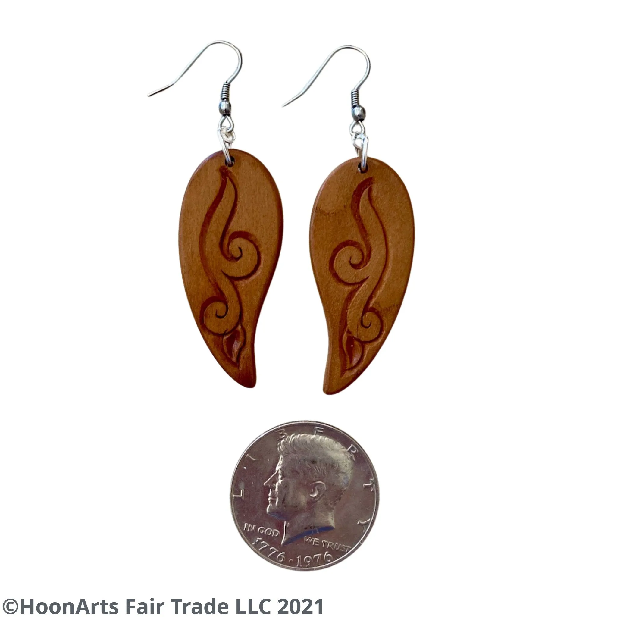 Hand Carved Earrings -Leaf with Swirl