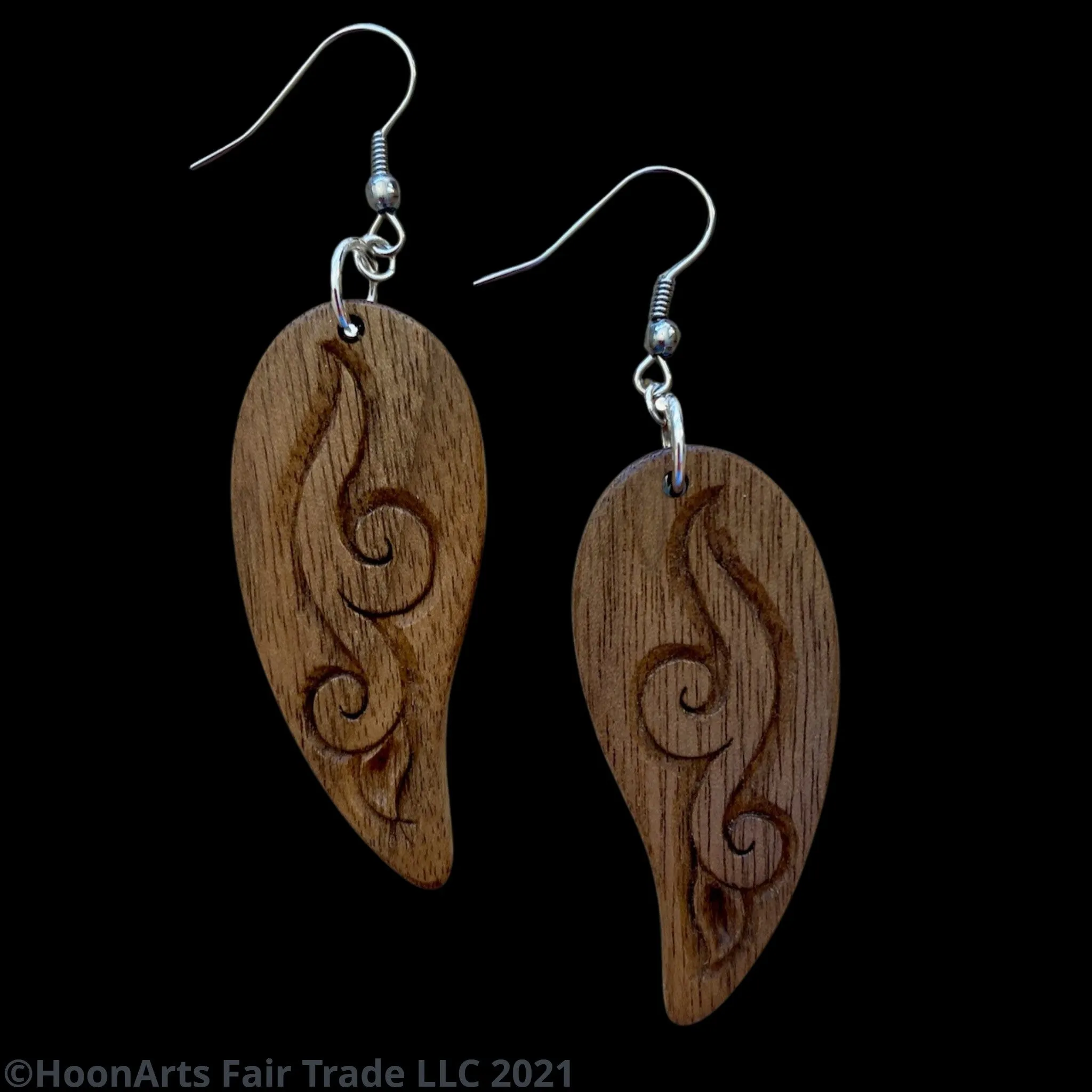 Hand Carved Earrings -Leaf with Swirl