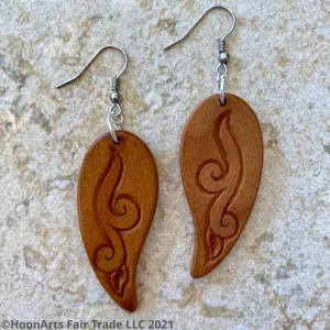Hand Carved Earrings -Leaf with Swirl