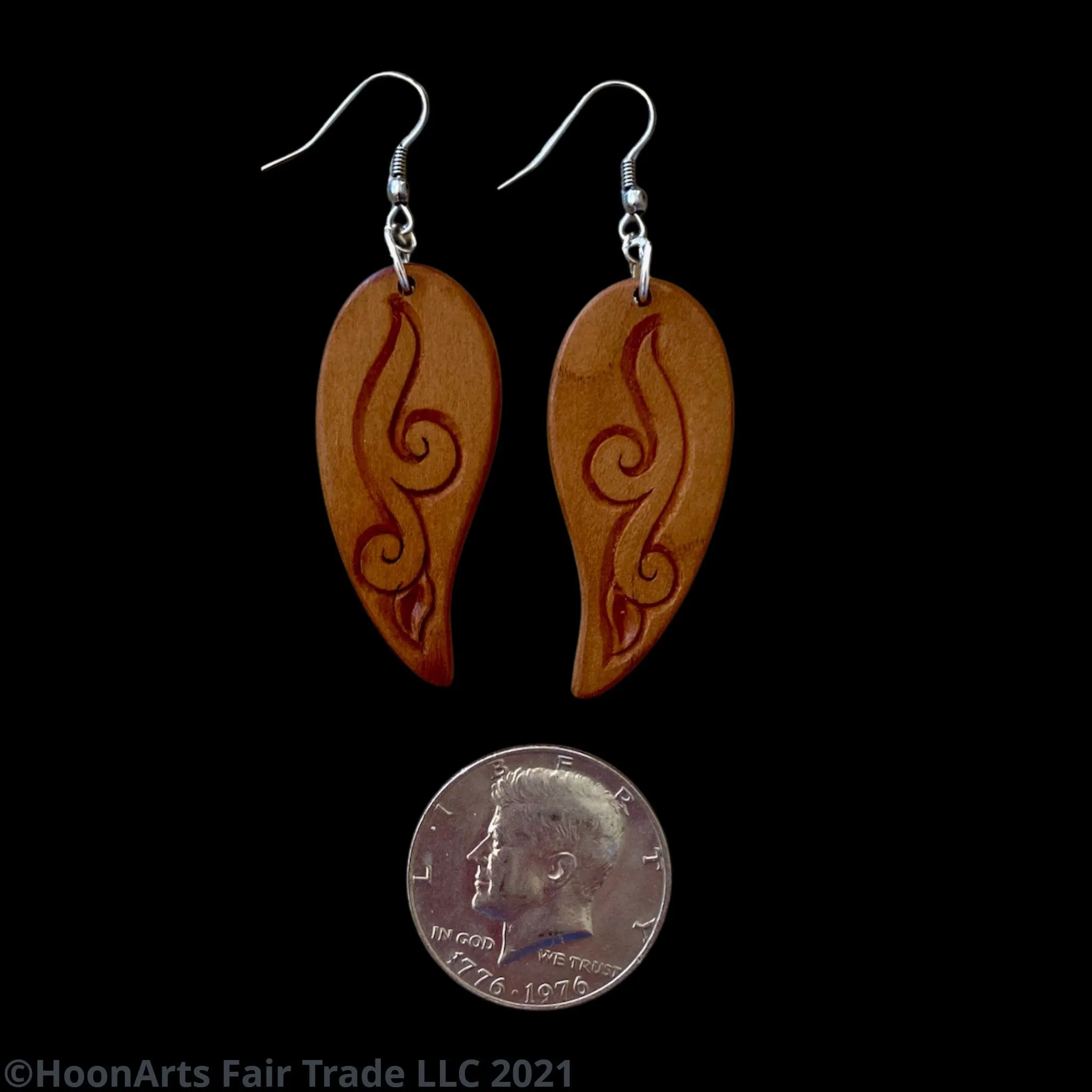 Hand Carved Earrings -Leaf with Swirl