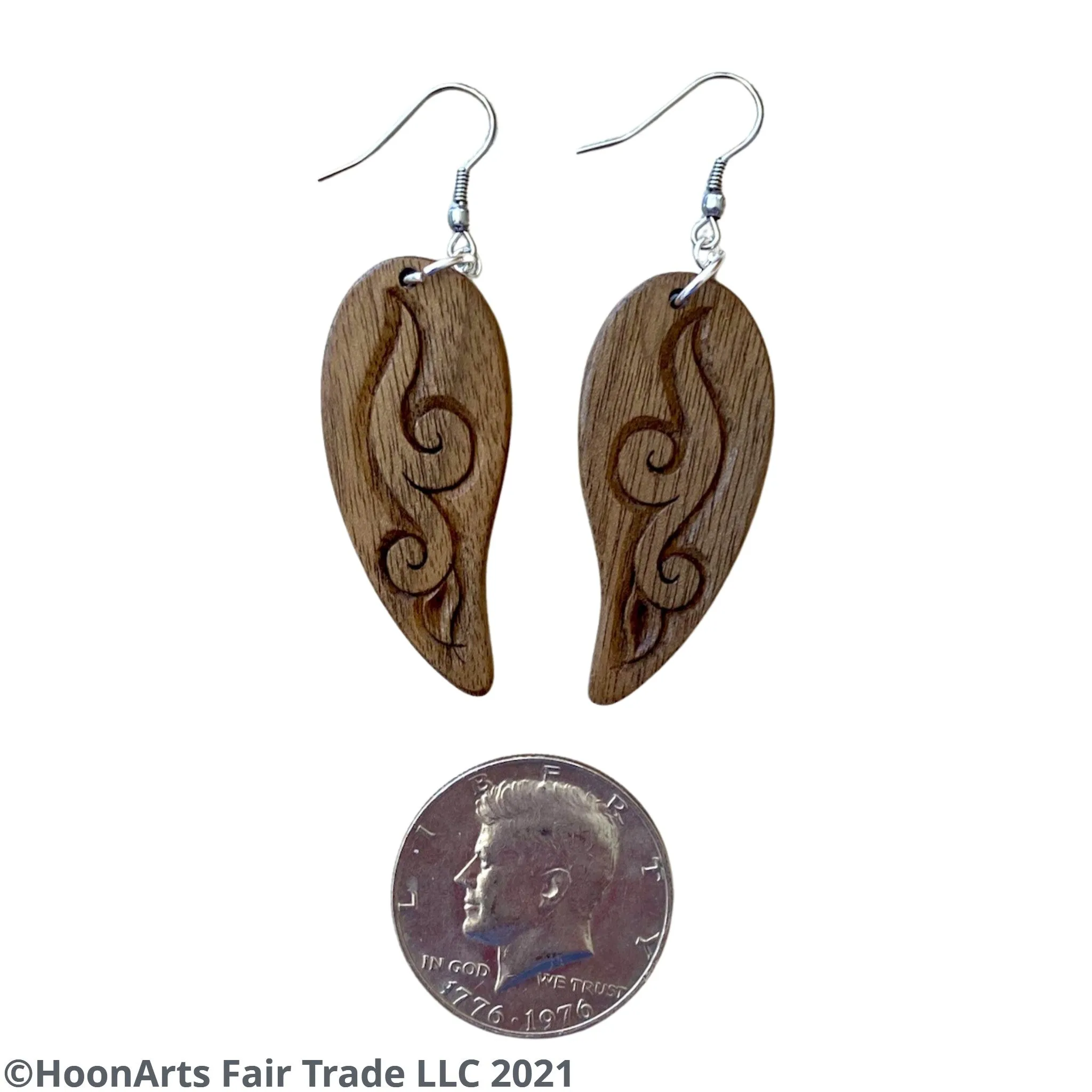 Hand Carved Earrings -Leaf with Swirl